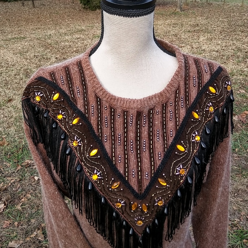 Rauol Fringe Silk Brown LS Embellished Sz M Dress - Picture 1 of 5